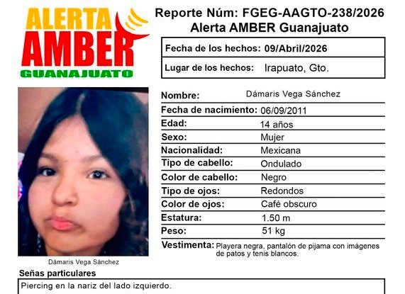 Buscan a la adolescente Dámaris Vega Sánchez de 14 años desaparecida en Irapuato.